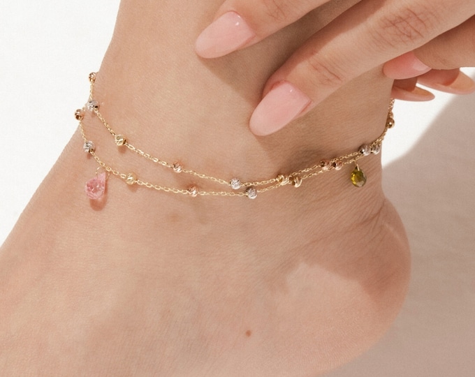 14K Gold Double Chain Beaded Anklet W/ Multi-Colored Stone – Beach Anklet- Gift For Bridal - Anniversary Gift