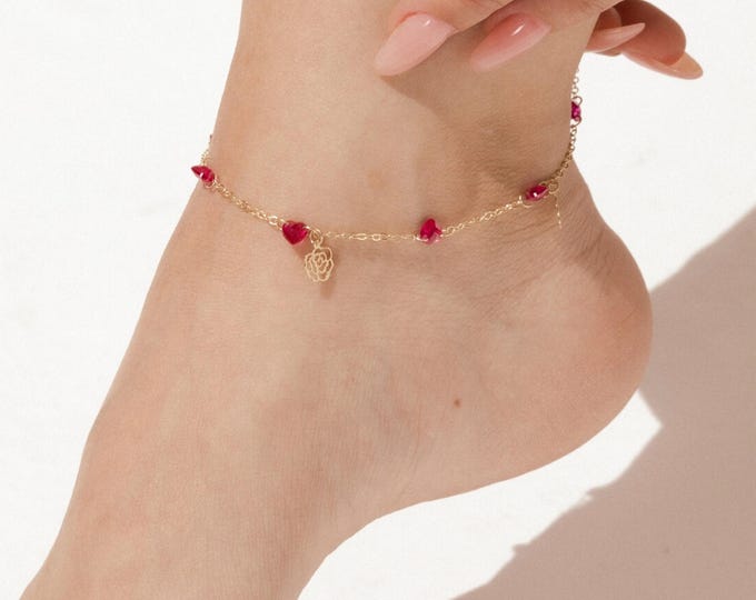 Delicate Red Heart Stone W/ Dangle Flowers Anklet - 14K Gold Beach Anklet- Beach Jewelry- Summer Jewelry- Gift For Bridal- Anniversary Gift