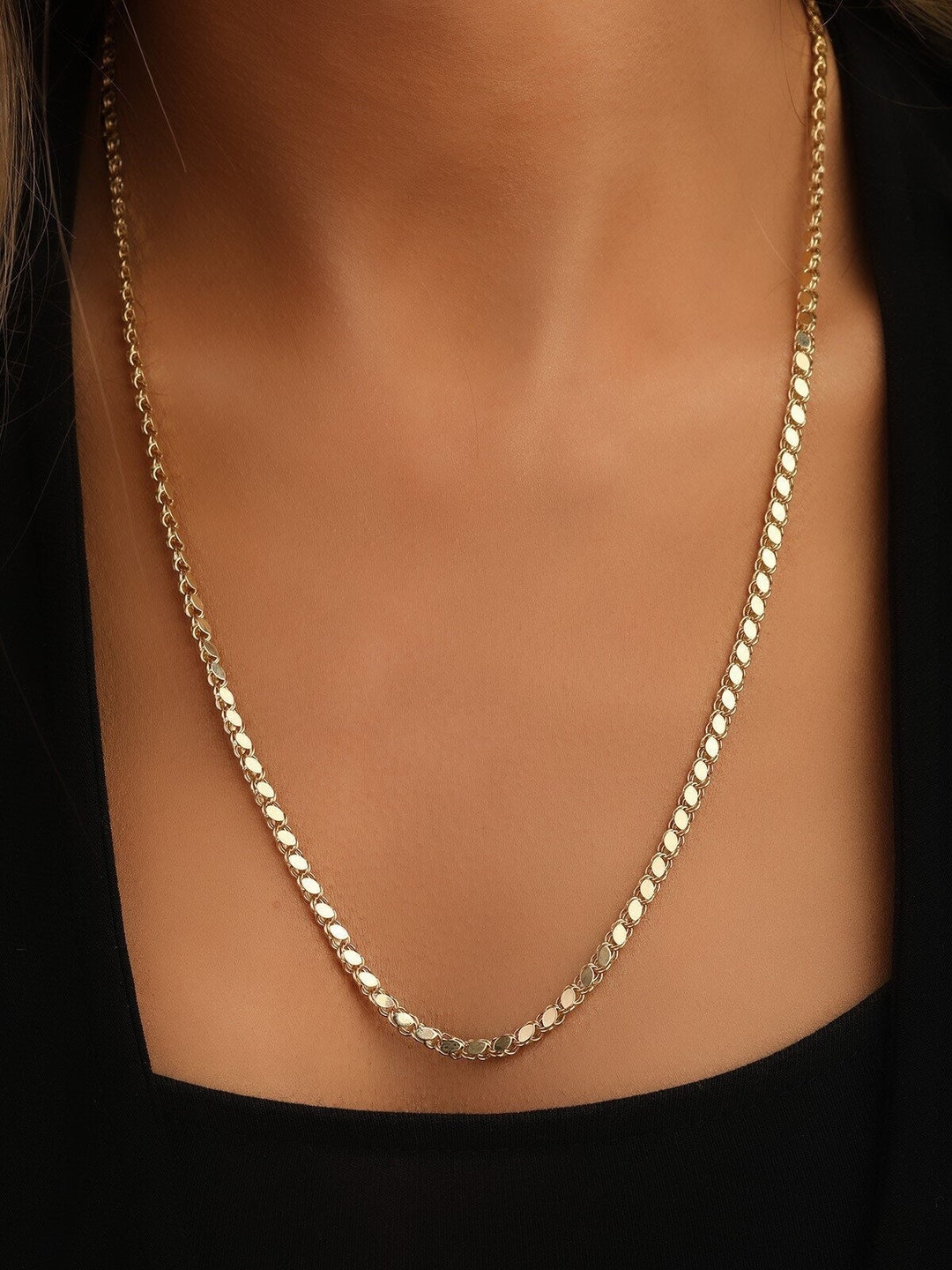 14K Gold Italian Mirror Chain Necklace/gold Specialty Mirror Chain