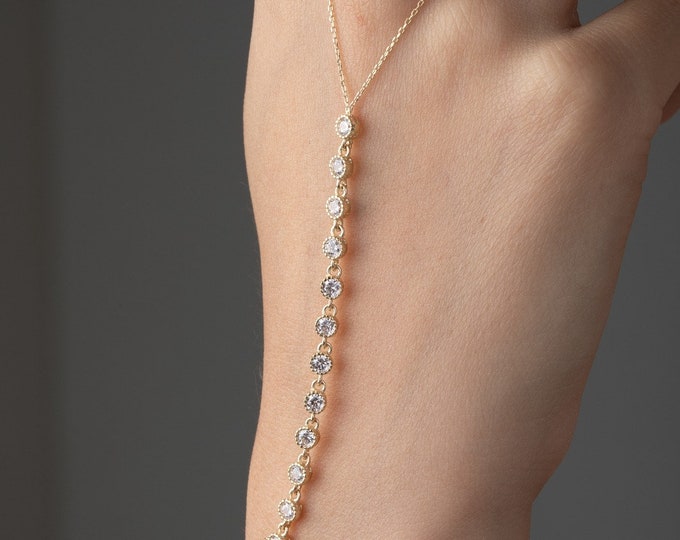 14K Gold CZ Bezel Set Hand Chain Bracelet