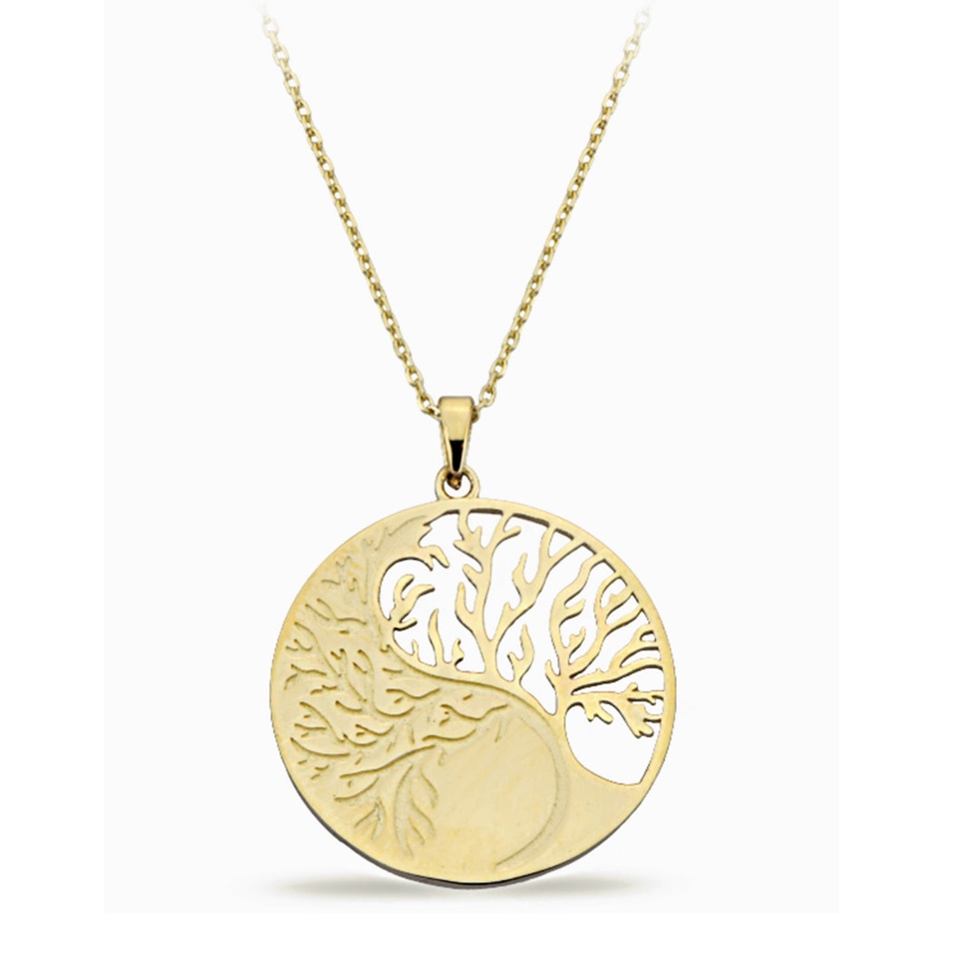 14K Solid Gold Tree of Life Pendant:- Family Tree Circle Medallion ...