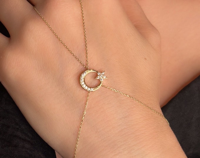 Cz Moon and Star Hand Chain Bracelet