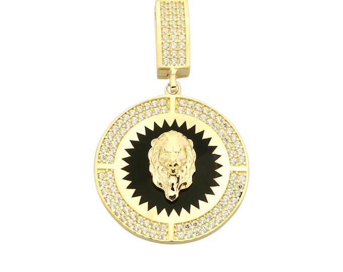Cz Medallion Lion Pendant W/Black Enamel - 14K Gold Medallion Lion Head Necklace - Birthday Gift- Anniversary Gift
