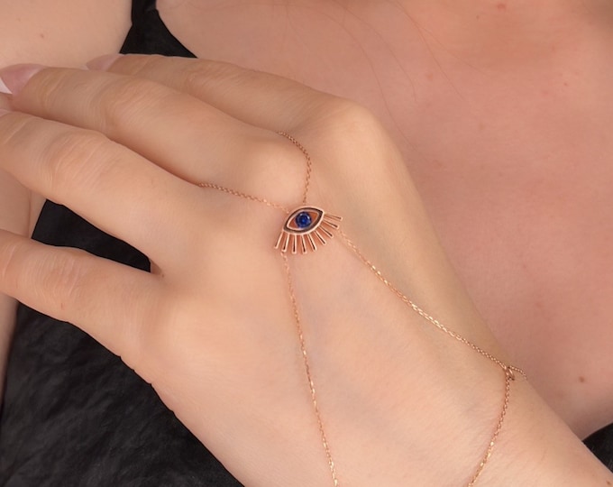14K Rose Gold Evil Eye Slave Bracelet/Vintage Eyelashes Hand Chain Bracelet/Boho Finger Ring Bracelet/ Layering Hand Chain/Mother's Day Gift