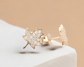 14K Gold Cz Maple Leaf Earrings