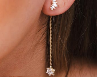 14K Gold Chain Earrings W/Cz Star Dangle