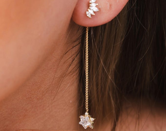 14K Gold Chain Earrings W/Cz Star Dangle