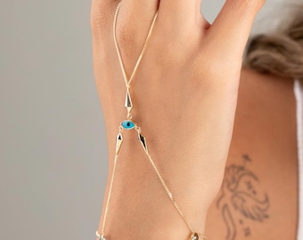 14K Solid Gold Evil Eye Hand Chain Bracelet