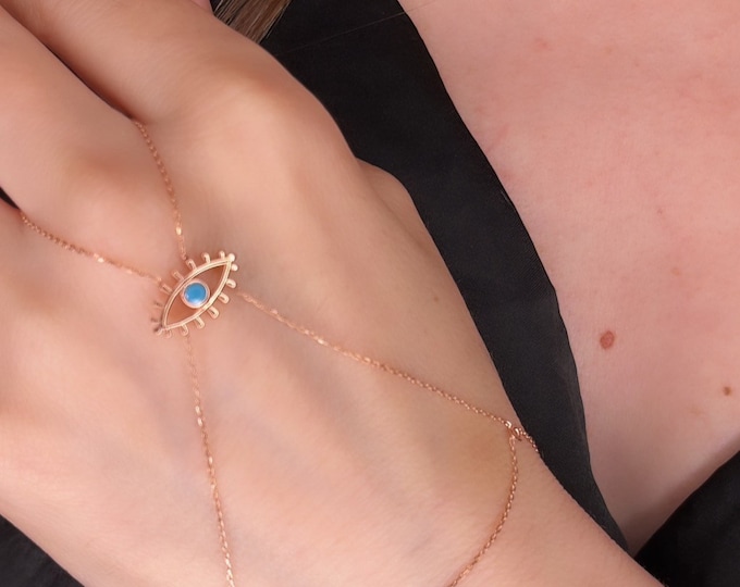 14K Rose Gold Evil Eye Slave Bracelet/ Turquoise Hand Bracelet/ Boho Finger Ring Chain Bracelet/ Layering Hand Chain/ Mother's Day Gift
