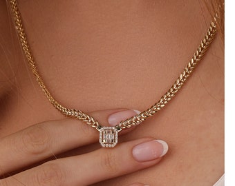 14K Gold Chevron Herringbone W/ Baguette Chain Necklace- Thick Herringbone Chain Necklace - Anniversary Gift - Mother's Day Gift
