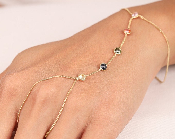 14K Solid Birthstone Station Hand Bracelet