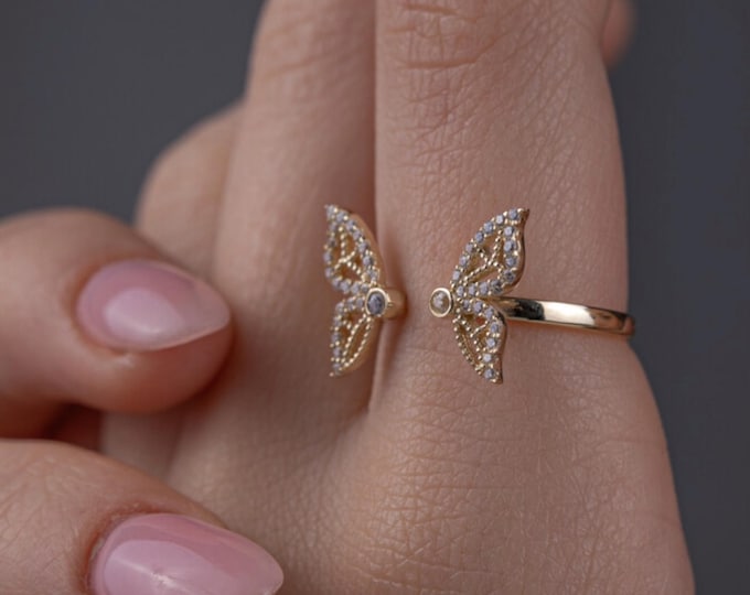14K Gold Open Cz Butterfly Ring