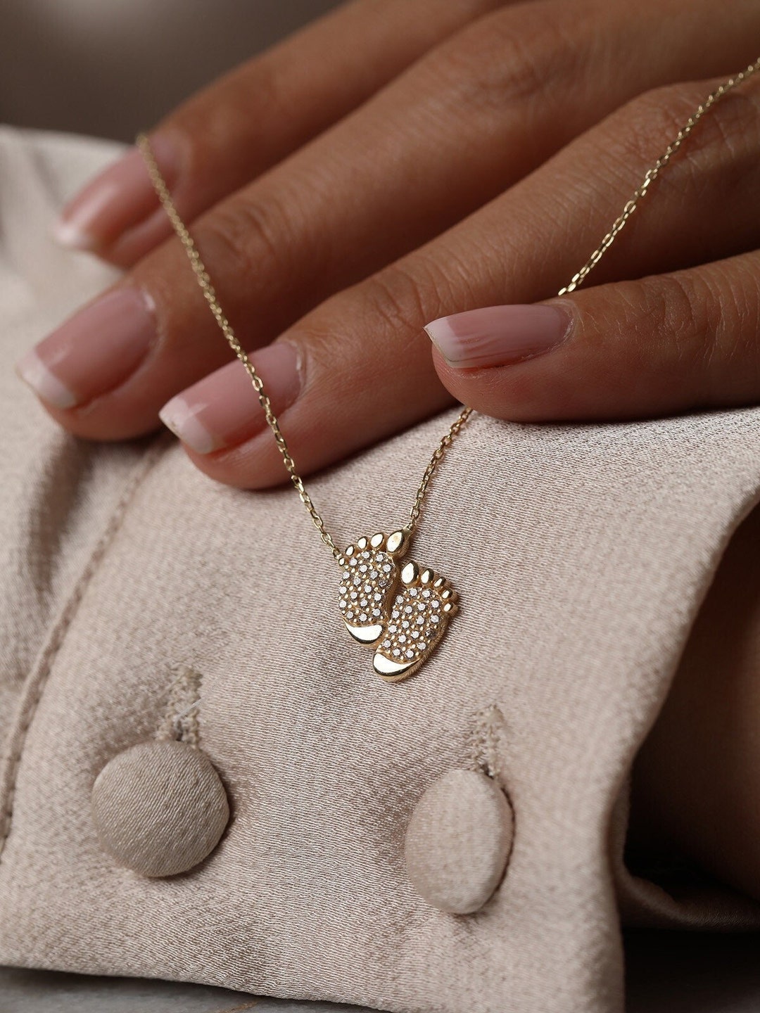 14K Solid Gold Baby Foot Necklace CZ Baby Feet Mom Necklace Gift Mom