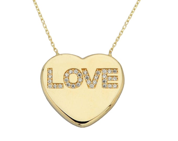 14K Gold Love Heart Necklace W/Cz