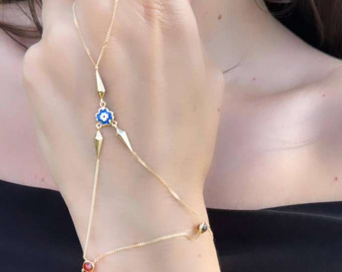 Enamel Clover W/ Birthstone Hand Chain Bracelet