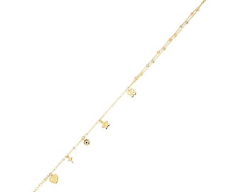 14K Gold Dangle Heart, Rudder, Star and Butterfly Beach Anklet-  Double Chain Foot Gift For Bridal- Summer Beach Anklet