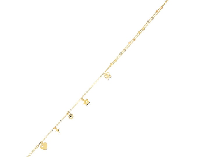 14K Gold Dangle Heart, Rudder, Star and Butterfly Beach Anklet-  Double Chain Foot Gift For Bridal- Summer Beach Anklet