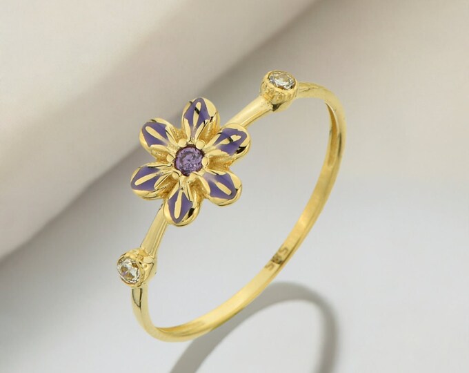 14K Gold Enamel Flower Ring