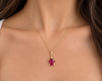14K Gold Ruby Turtle Pendant