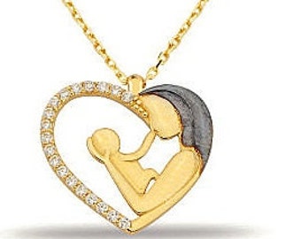 Heart Shaped Mom Hug Baby Necklace -14K Gold Mom Baby Pendant- New Mom Necklace - Mom Hold Baby Pendant- Mother's Day gift
