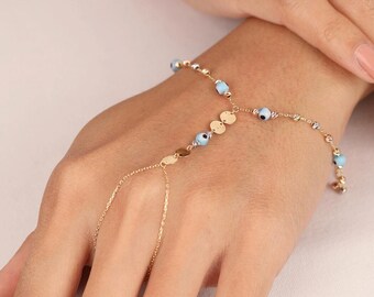 14K Solid Evil Eye Hand Chain Bracelet
