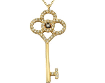 14K Gold Cz Key Necklace