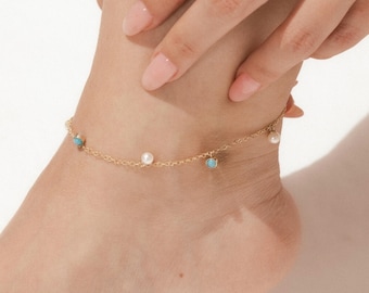 Turquoise and Pearl Charm Anklet in 14K Gold