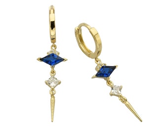 Huggie Hoop Sapphire Chains Earrings - Vintage 14K Gold CZ Hoop Earrings-  Wedding Earrings- Party Earrings- Mother's Day Gift