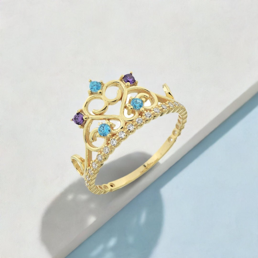 Birthstone Princess Tiara Ring- 14K Gold Cz Crown Tiara Ring - Crown ...