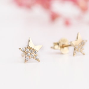 14K Gold Cz Star Stud Earrings - Dainty Gold Celestial Star Earrings- Crescent Star Stud Earrings- Christmas Gift-Birthday Gift