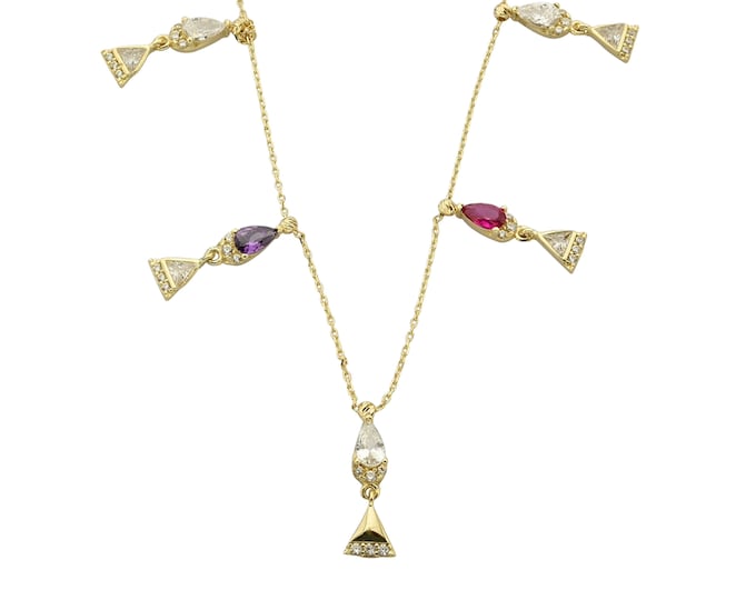 14K Gold Dangle Pear Cz Necklace