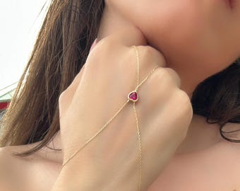 Ruby Heart Hand Chain Bracelet - 14K Gold Red Heart Stone Slave Bracelet - Birthday Gift- Anniversary gift- Body Jewelry
