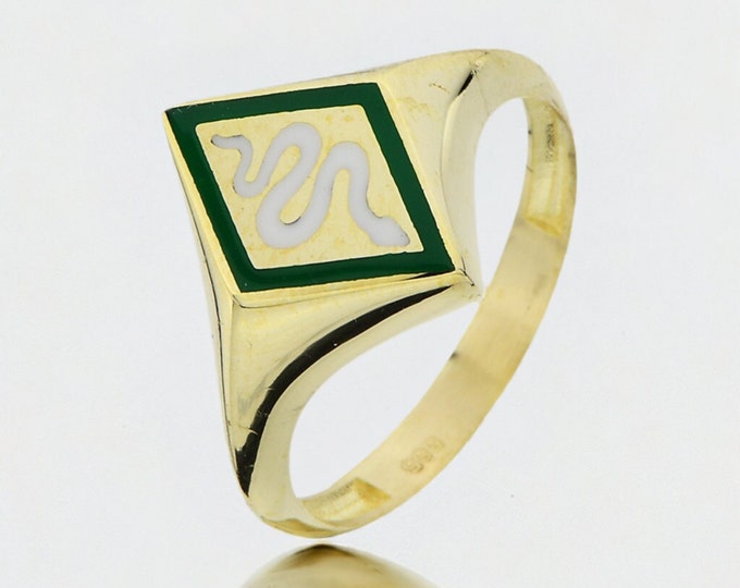 14K Gold Rhombus Shaped Signet Ring W/ Snake Engraved/ Enamel Signet Ring/  Rhombus Signet Snake Print Ring/Snake Ring/Anniversary Ring Gift