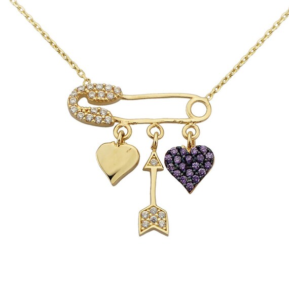 14K Gold Safety Pin Necklace W/dangle Hearts and Arrow