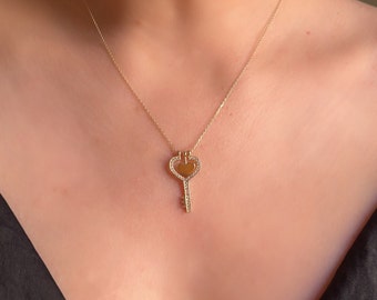14K Gold Cz Heart Key Necklace