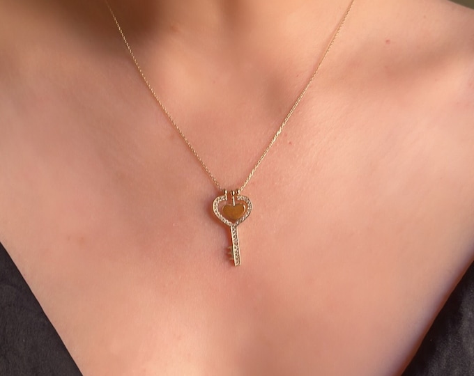 14K Gold Cz Heart Key Necklace