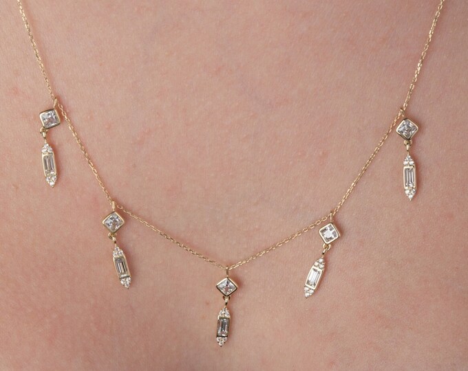 14K Gold Cz Dangle Chain Necklace