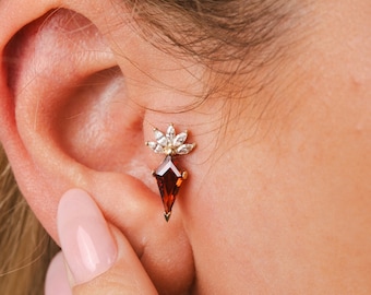 14K Gold Kite Cut Gemstone Earrings W/ Marquise