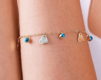 14K Gold Evil Eye with Heart Bracelet