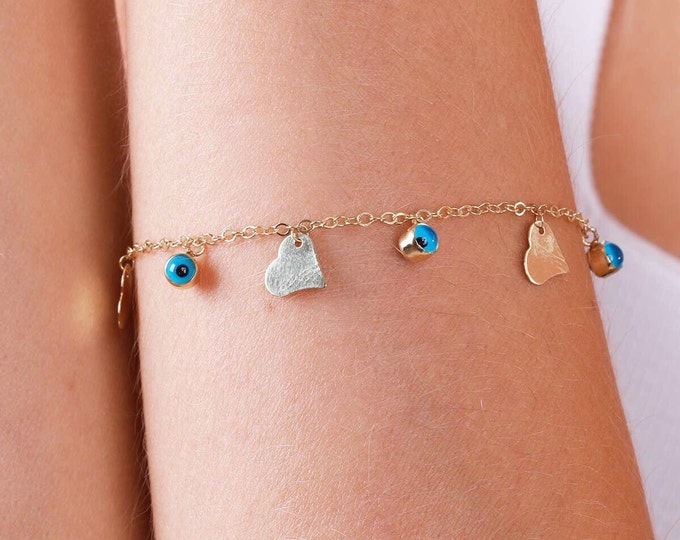 14K Gold Evil Eye with Heart Bracelet