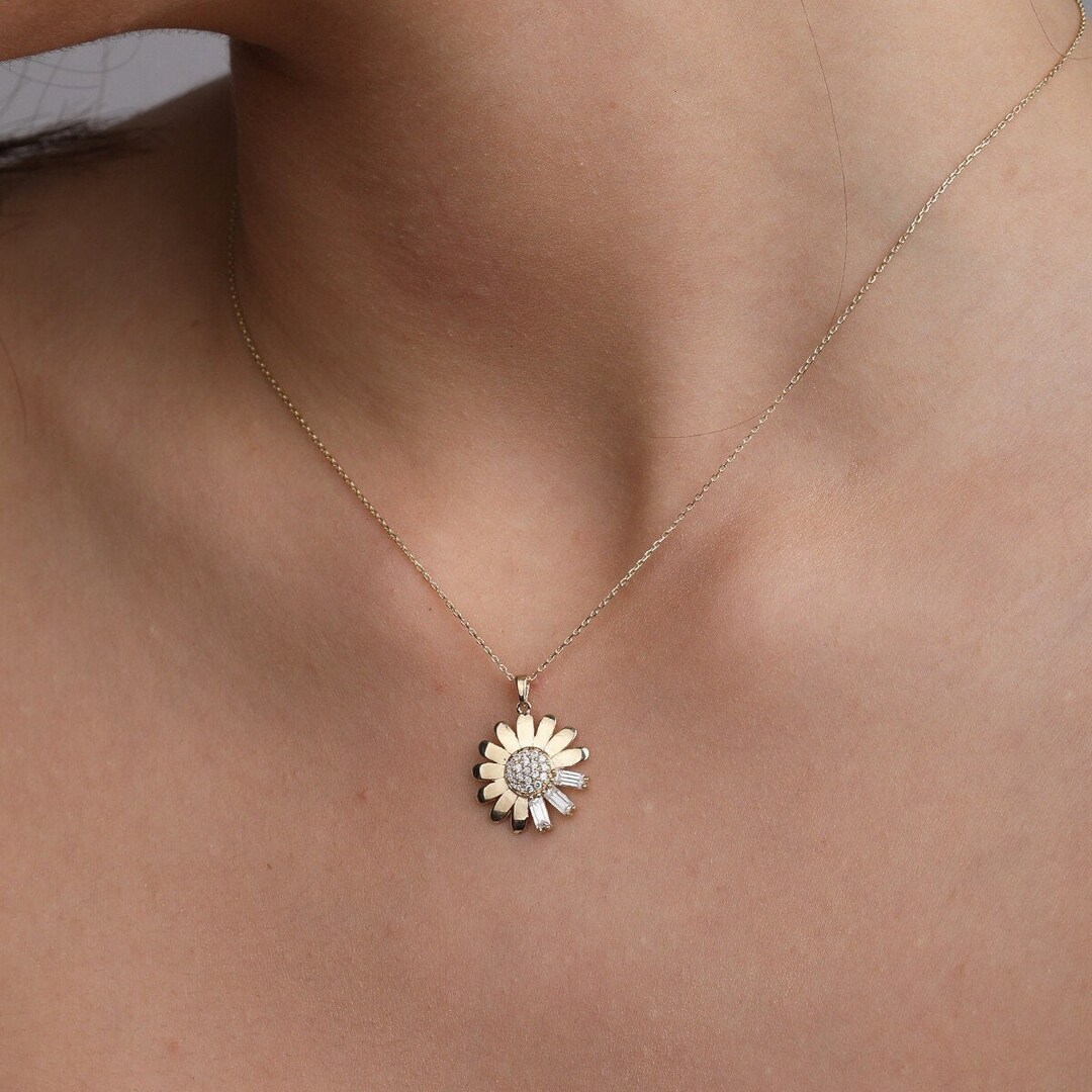 14K Gold Daisy Sunflower Necklace cz Baguette Sunflower Pendant