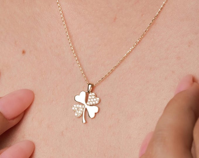 14K Solid Gold Cz Shamrock Necklace