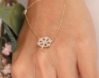 Cz Snowflake Hand Chain Bracelet