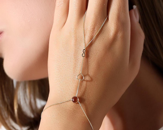 Gold Dainty Hand Chain Bracelet W/ Heart & Infinity