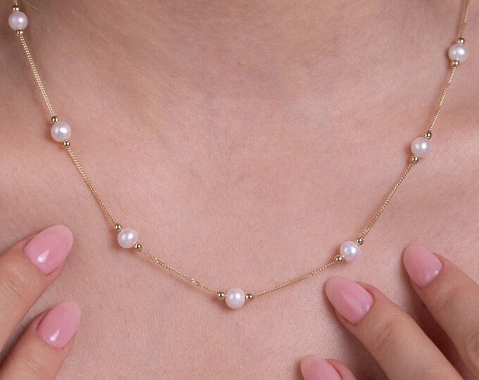 14K Gold Pearl Station Necklace