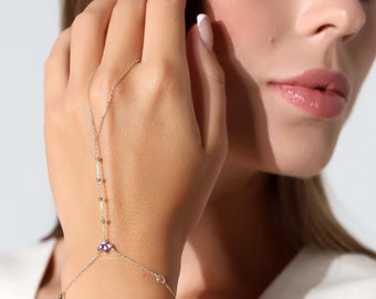 14K Gold Gemstone Hand Chain Bracelet