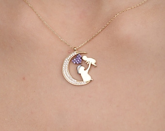 14K Gold Moon W/ Heart Mom Baby Pendant