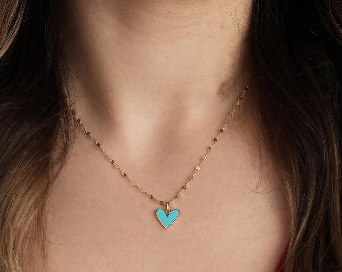 14K Gold Turquoise Heart Necklace with Sparkle Diamond-Cut Chain
