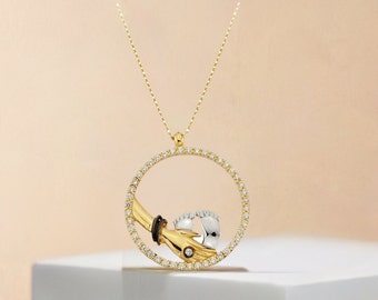14K Gold Cz Circle Mom Hand Baby Feet Necklace