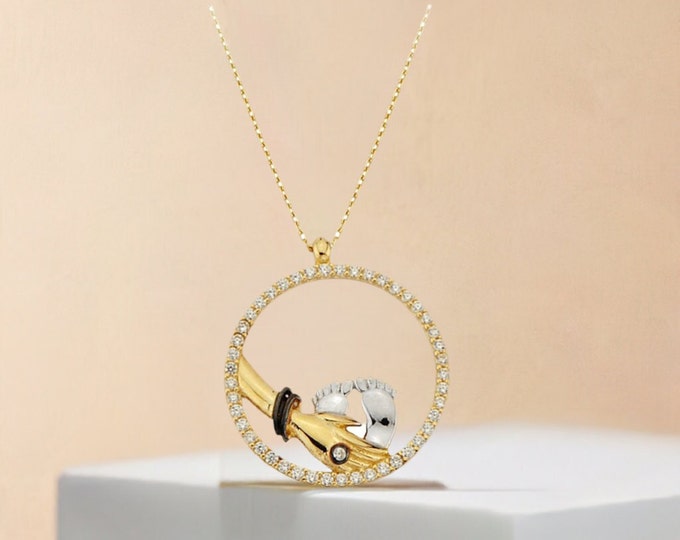 14K Gold Cz Circle Mom Hand Baby Feet Necklace